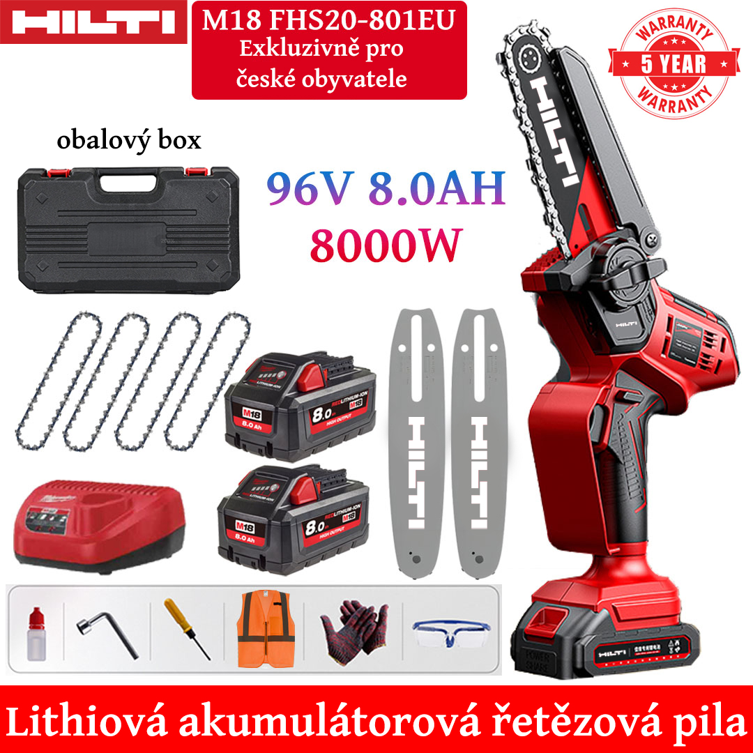 Ferăstrău electric cu litiu de 8 inchi, 8000 W, baterie 96 V 8,0 Ah*2, încărcător, placă de ghidare*2, lanț*4, cutie de scule, lubrifiant și ochelari de protecție