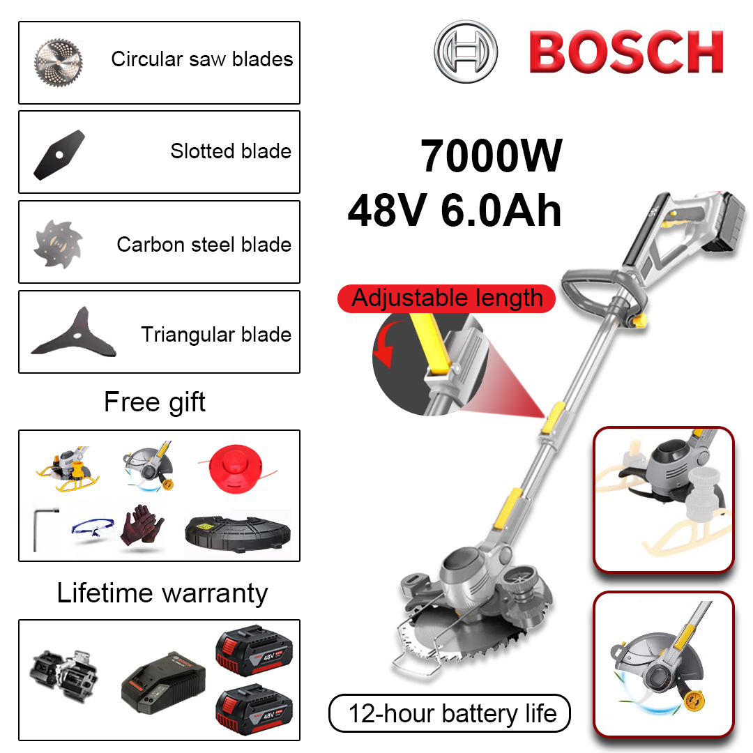 (Battery life 12 hours) 7000W lawn mower * 1 + 48V 6.0Ah lithium battery * 2 + circular saw blade * 1 + straight saw blade * 1 + anti-winding blade head * 1 + triangular blade head * 1 + alloy loosening blade head * 1 + charger * 1 + grass cutting head * 1 + screwdriver set * 1 + glasses * 1 + gloves * 1 + protective cover * 1 + tank wheel * 1 + side wheel * 1