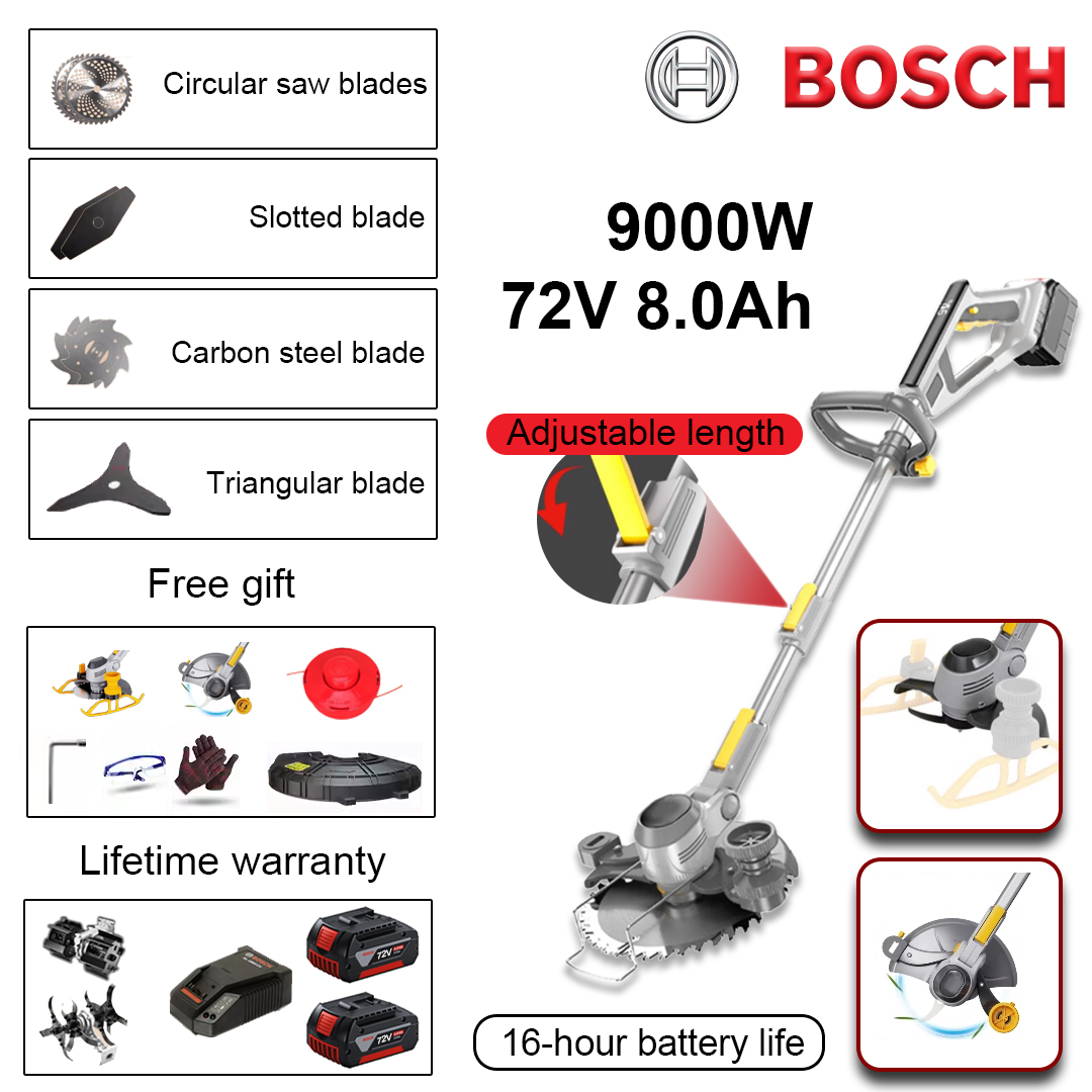 (Battery life 16 hours) 9000W lawn mower * 1 + 72V 8.0Ah lithium battery * 2 + circular saw blade * 2 + straight saw blade * 2 + anti-winding blade head * 2 + triangular blade head * 1 + alloy loosening blade head * 1 + alloy weeding head * 1 + charger * 1 + grass cutting head * 1 + screwdriver set * 1 + glasses * 1 + gloves * 1 + protective cover * 1 + tank wheel * 1 + side wheel * 1