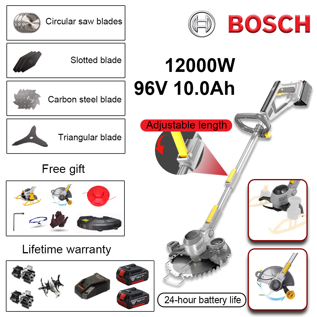 (Battery life 24 hours) 12000W lawn mower * 1 + 96V 10.0Ah lithium battery*2+circular saw blade*3+straight blade*3+anti-winding blade head*3+triangular blade head*1+alloy loosening blade head*2+alloy weeding head*1+charger*1+grass cutting head*1+screwdriver set*1+glasses*1+gloves*1+protective cover*1+tank wheel*1+side wheel*1