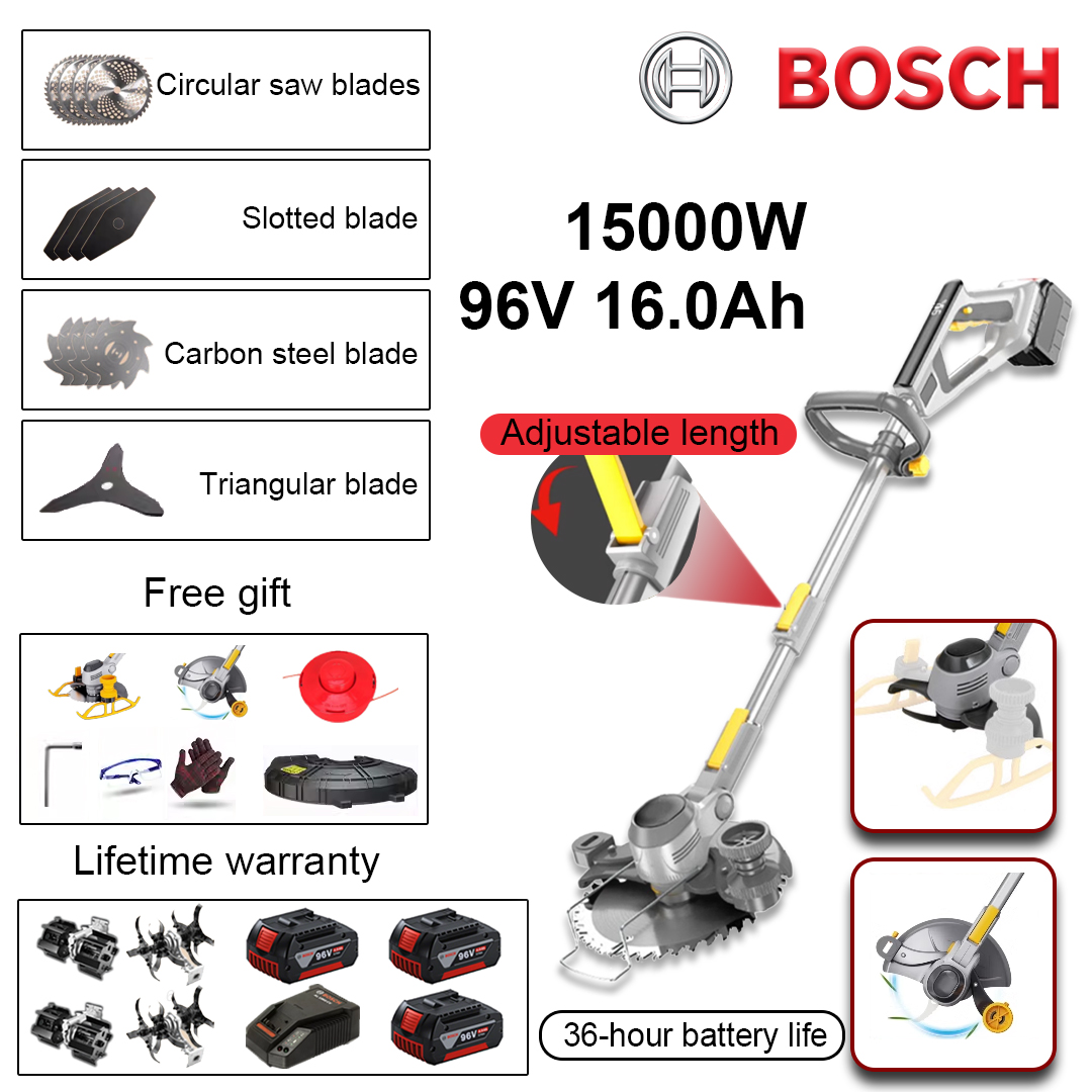 (Battery life 36 hours) 15000W lawn mower*1+96V 16.0Ah lithium battery*3+circular saw blade*4+straight blade*4+anti-winding blade head*4+triangular blade head*1+alloy loosening blade head*2+alloy weeding head*2+charger*1+grass cutting head*1+screwdriver set*1+glasses*1+gloves*1+protective cover*1+tank wheel*1+side wheel*1